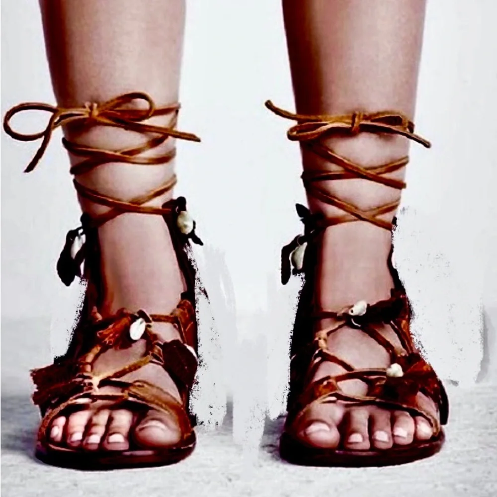 Rare Free People Boho Wind Swept Lace Up leather gladiator wedding Sandals Sz9.5 - Picture 8 of 8